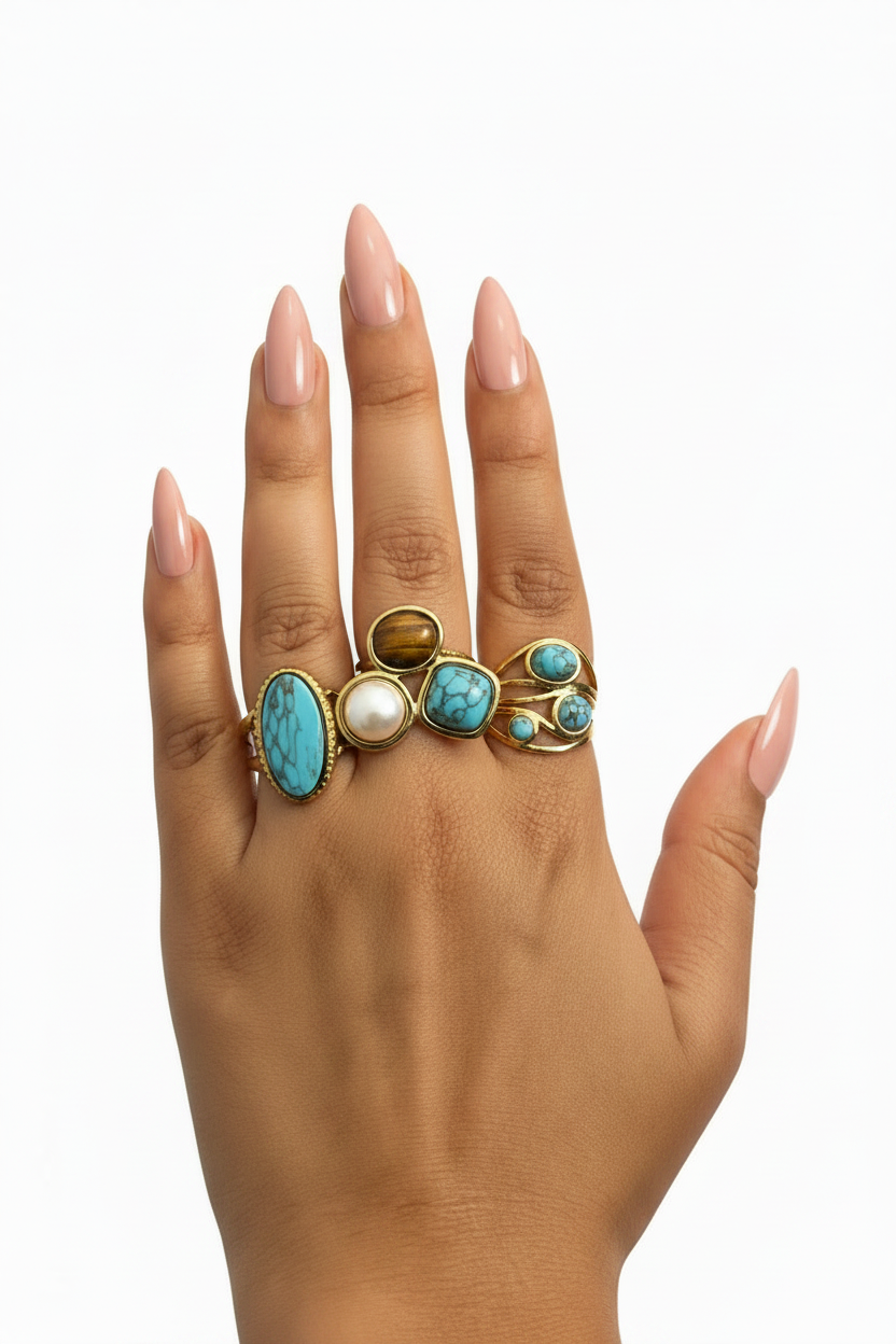 4 Ring Stack - Long Nude Pink Nails