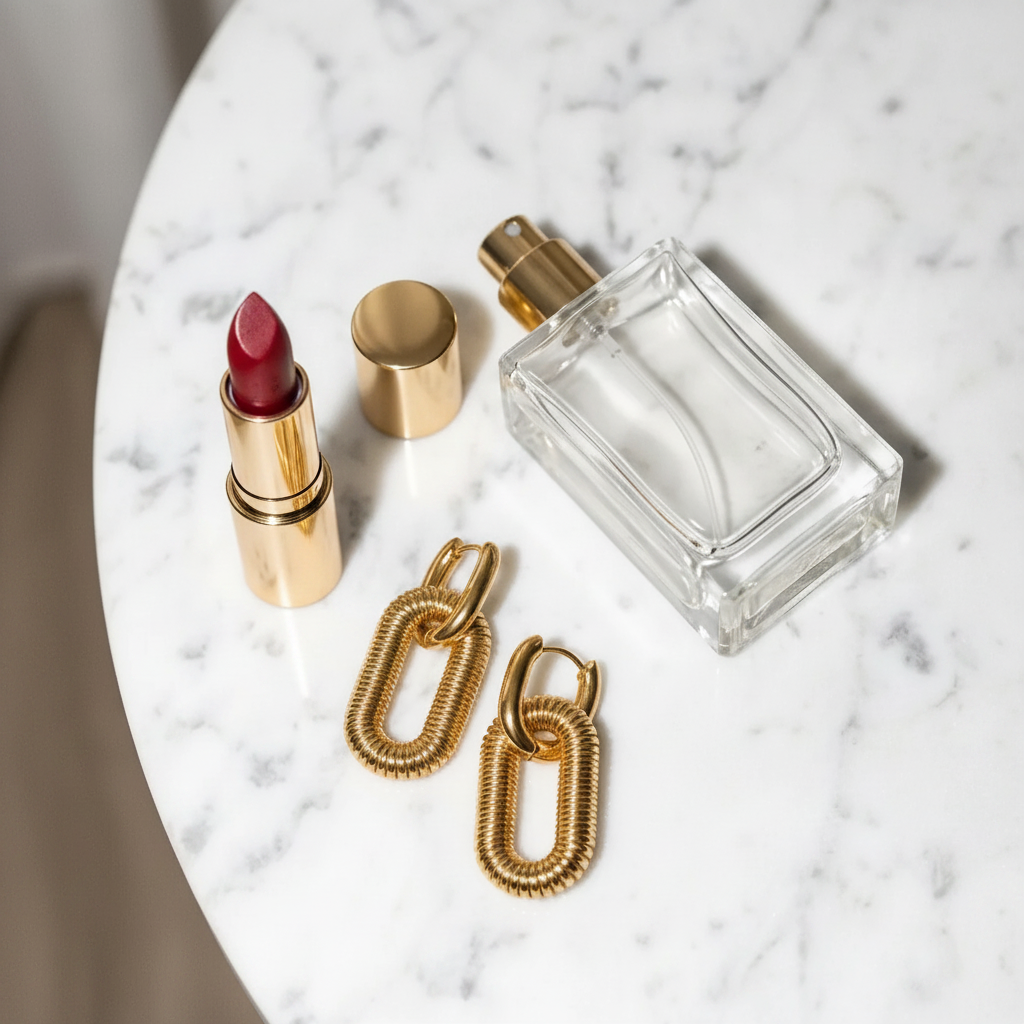 Ava Earrings Flat Lay with Perfume and Lipstick