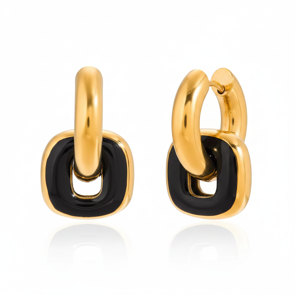 Black Enamel Gold Chain Link Hoop Earrings