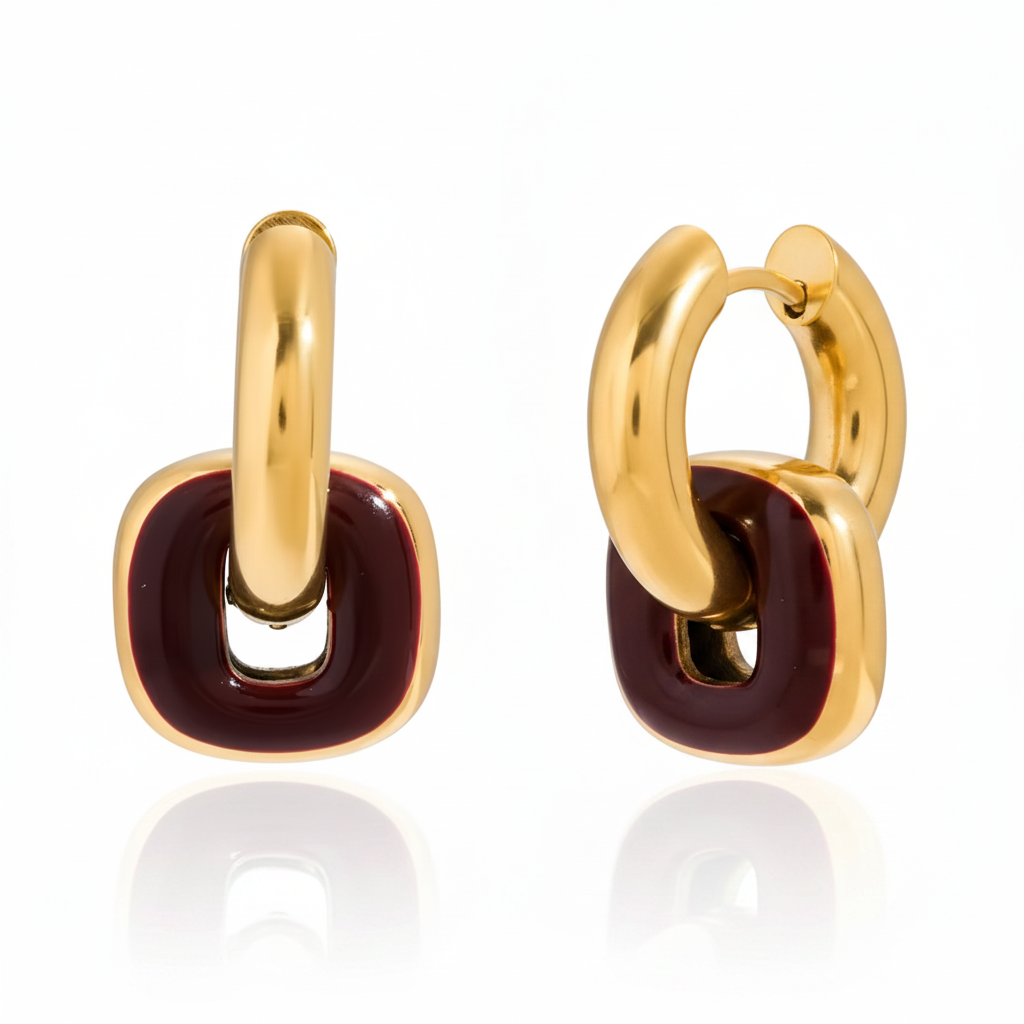 Burgundy Enamel Gold Chain Link Hoop Earrings