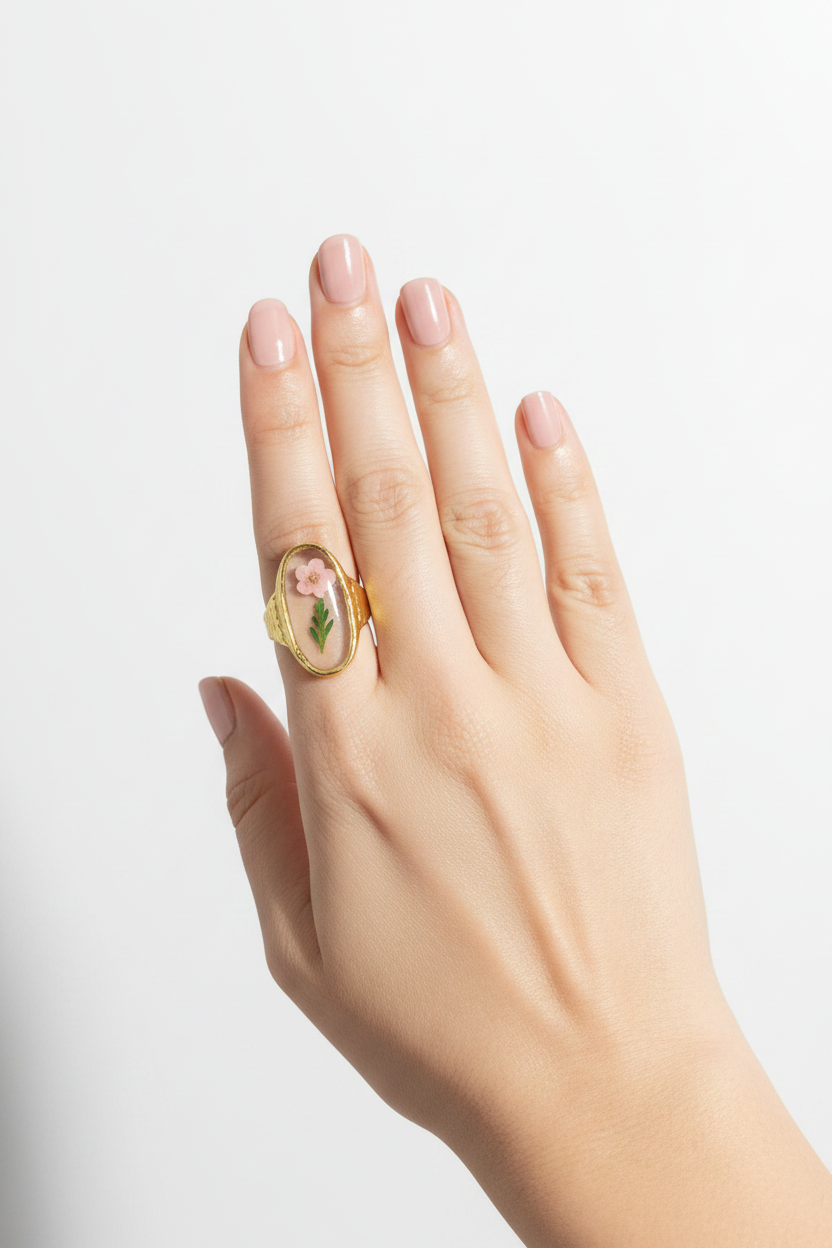 Cinematic Pink Flower Oval Ring - White Studio