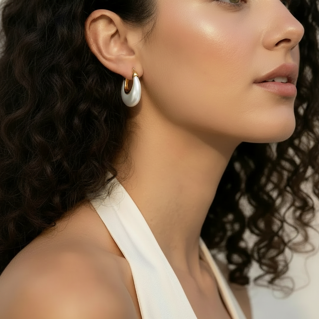 Close-up pearl gold teardrop hoop earring on curly hair model