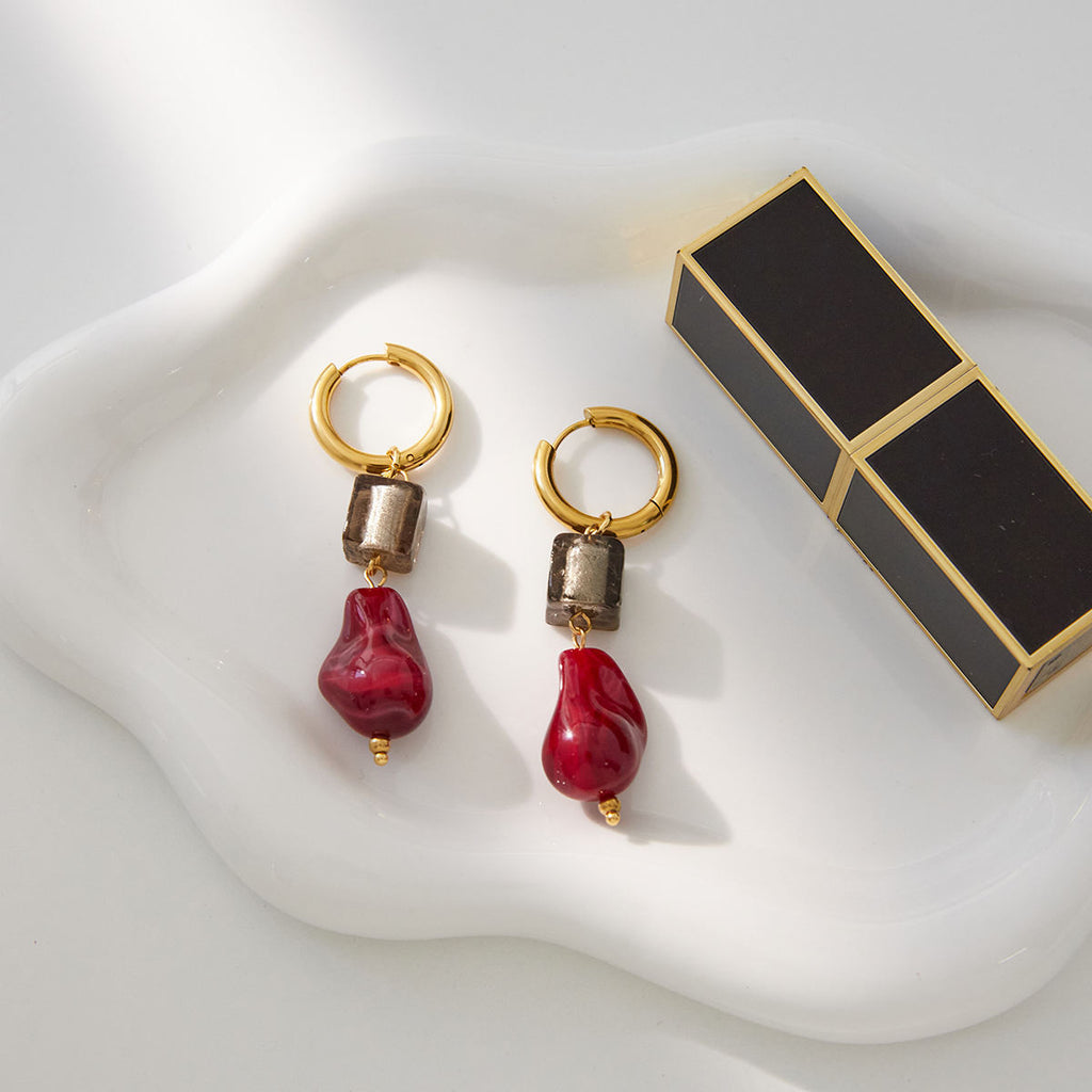 Crimson Resin Drop Hoop Earrings