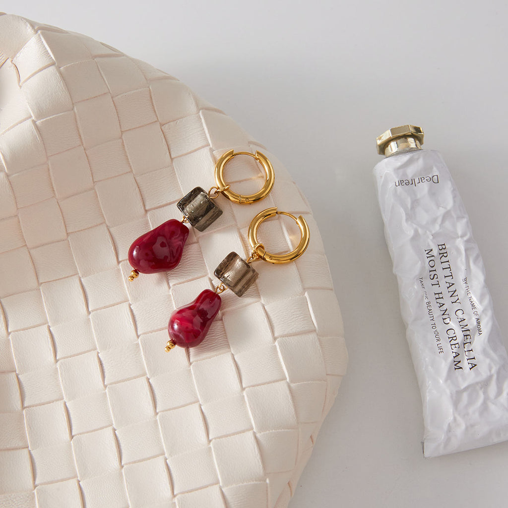Crimson Resin Drop Hoop Earrings