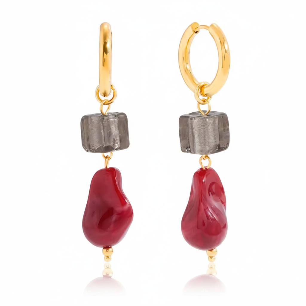Crimson Resin Drop Hoop Earrings
