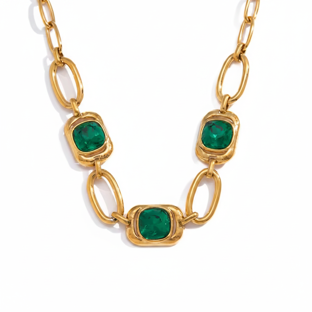 Emerald Green & Gold Chain Necklace