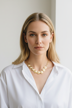 Fair-skinned model wearing gold pearl necklace