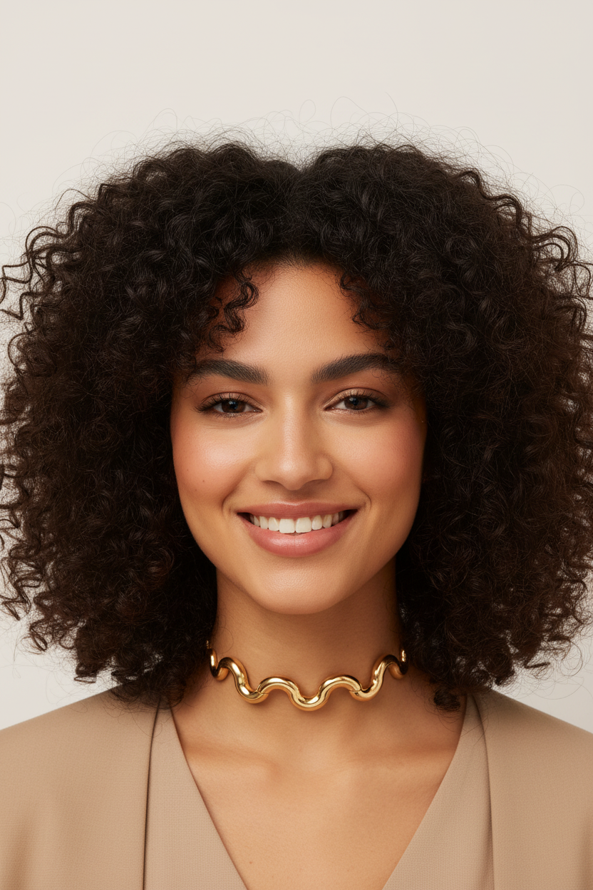 Fair-skinned model with curly hair and full face wearing gold wavy necklace