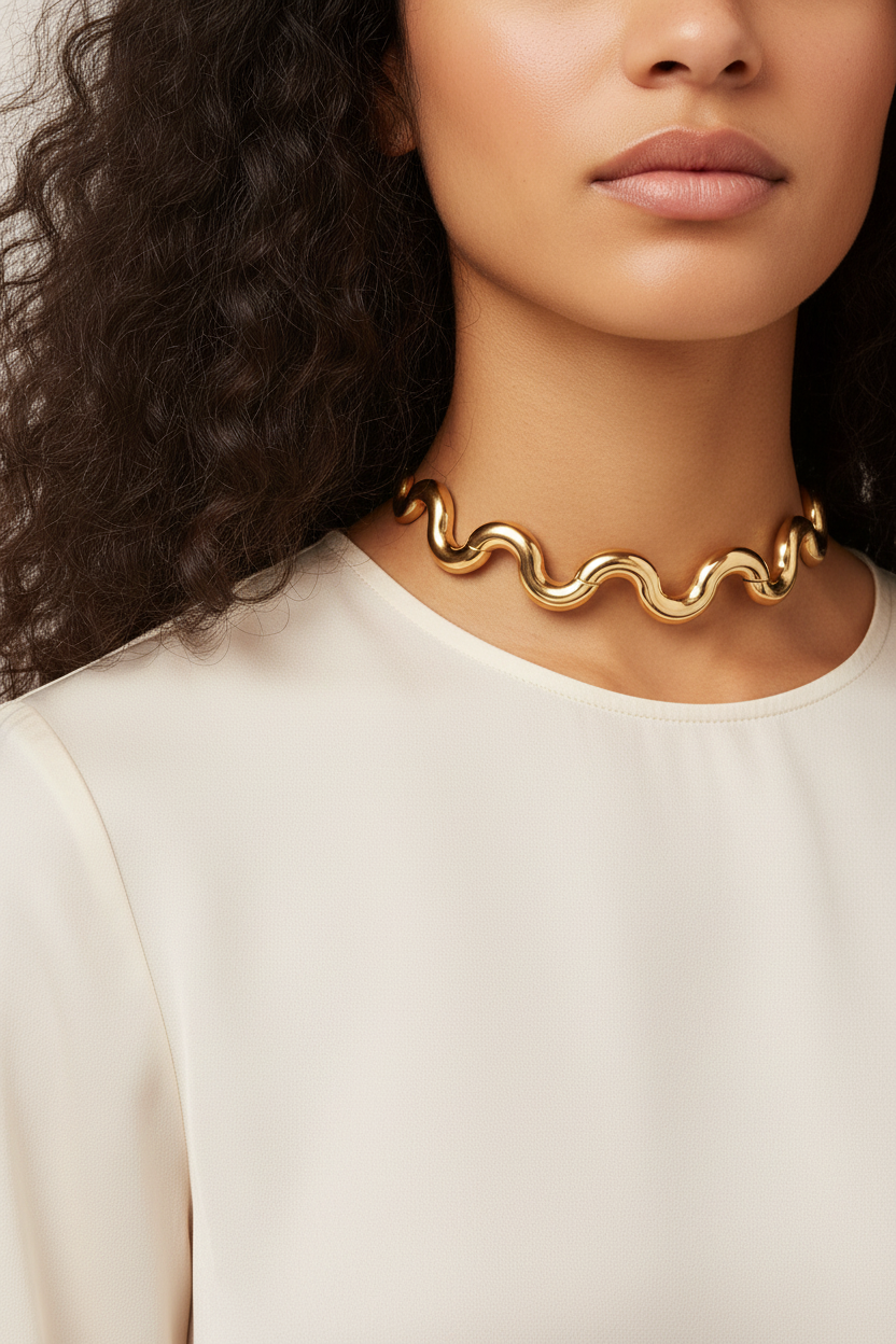 Fair-skinned model with curly hair wearing gold wavy necklace