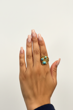 Gold Cage Turquoise Ring - Long Nude Pink Nails White Studio