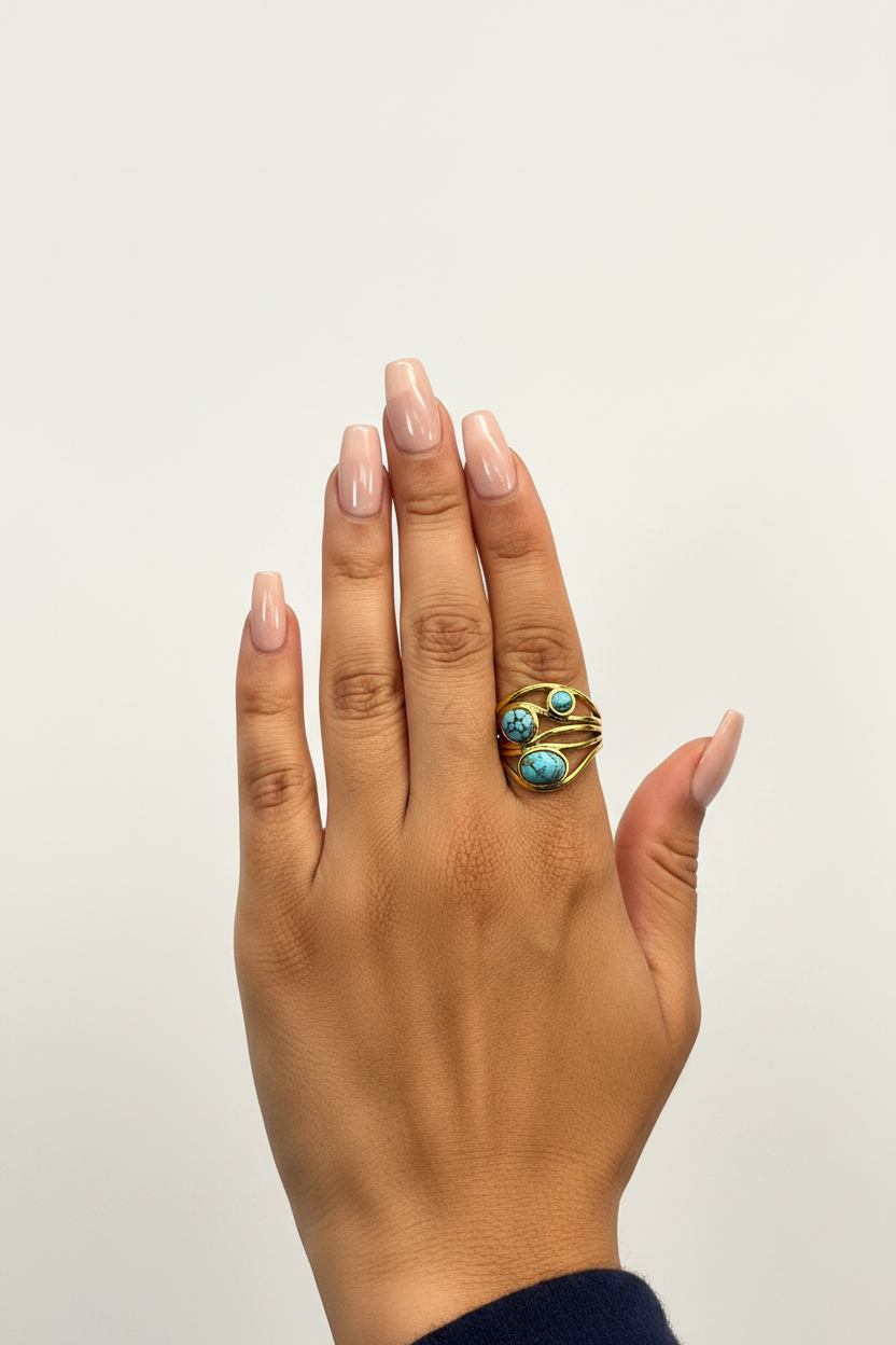 Gold Cage Turquoise Ring - Long Nude Pink Nails White Studio