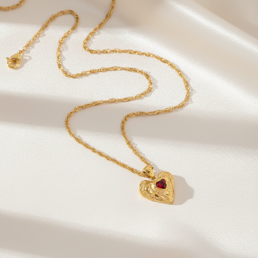 Gold Heart Necklace on Cream Satin