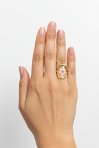Gold Oval Pink Flower Ring - White Studio
