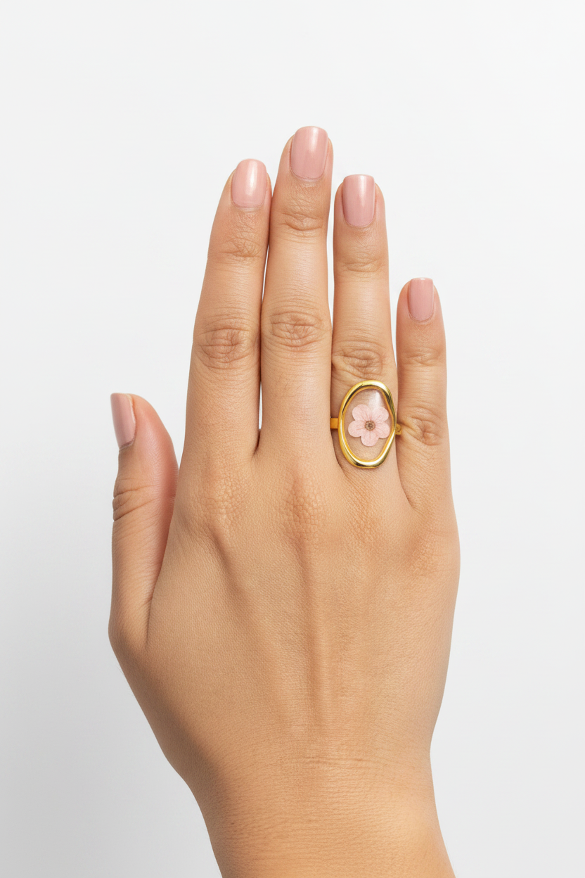 Gold Oval Pink Flower Ring - White Studio