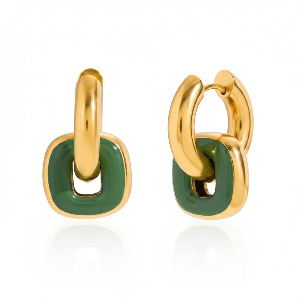 Green Enamel Gold Chain Link Hoop Earrings