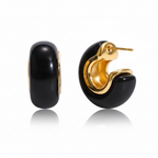 Black enamel chunky C-hoop earrings with 18K gold plated stainless steel hardware