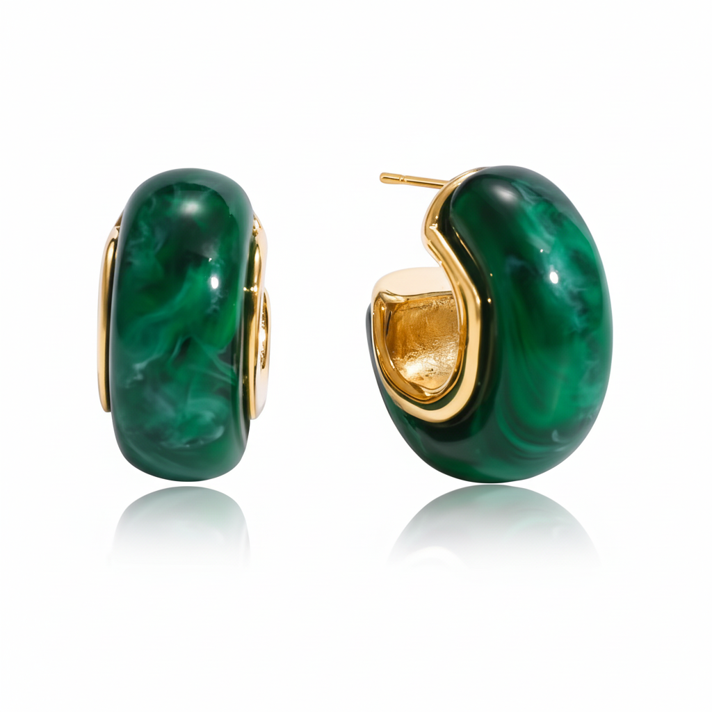 Green marble resin chunky C-hoop earrings with 18K gold plated stainless steel hardware