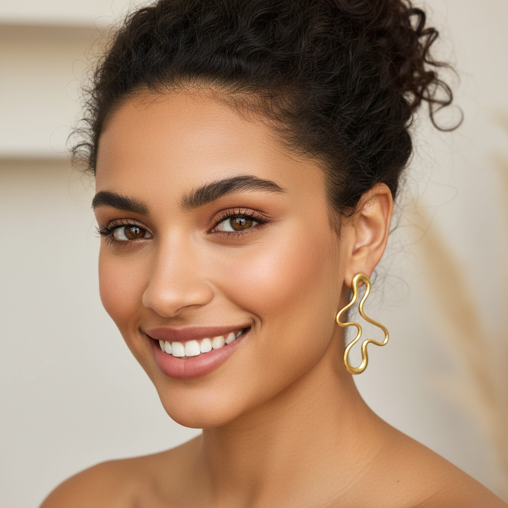 Missy wearing gold wavy earrings