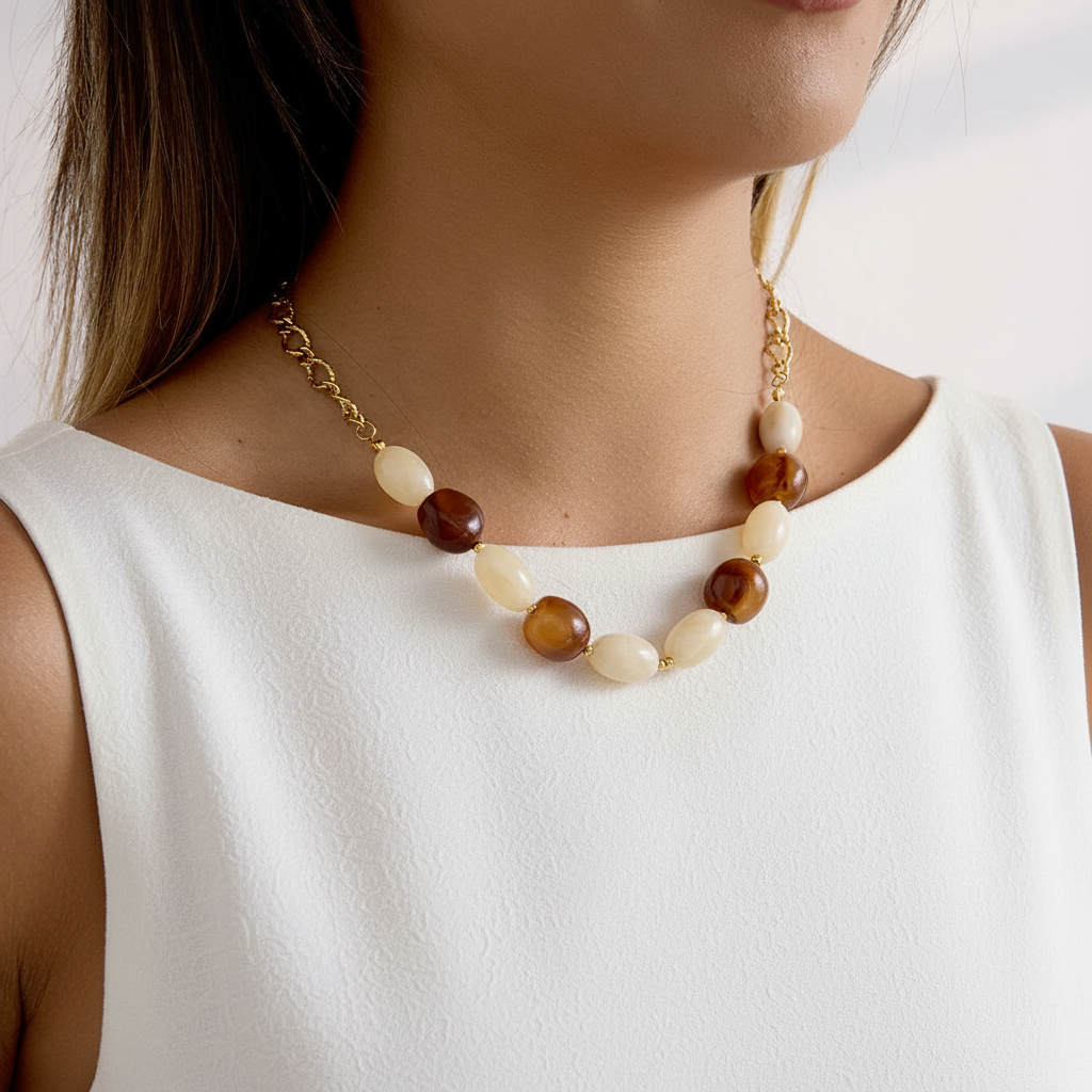 Model in white dress wearing beaded necklace