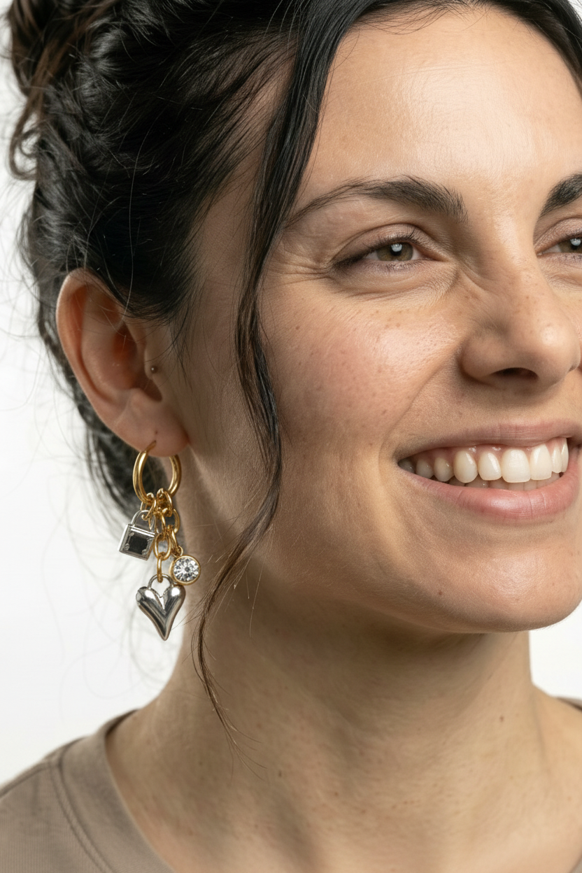 Model wearing charm earrings - refined
