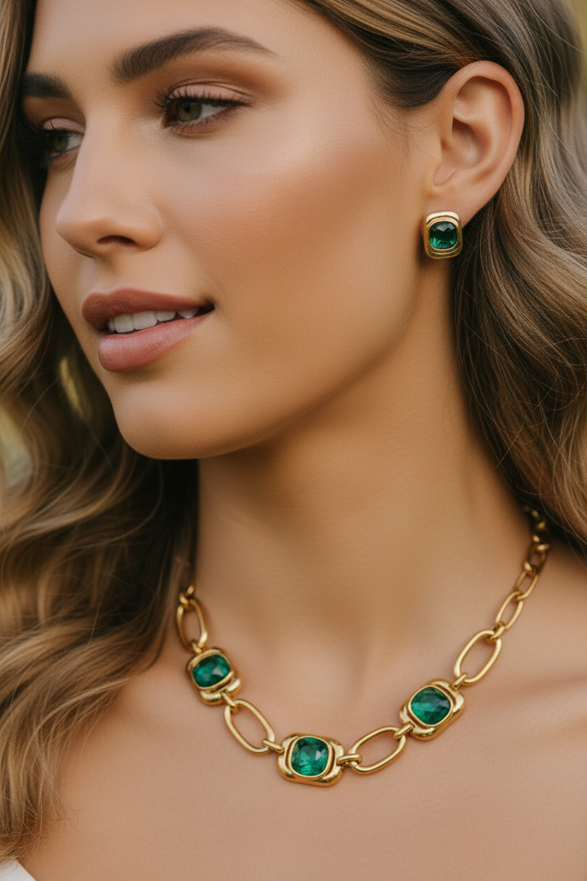 Model wearing emerald green necklace and earrings