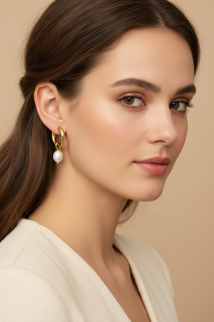 Model wearing gold pearl hoop earring