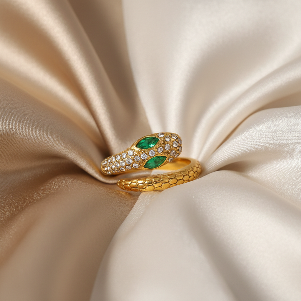 Serpent Green Eye Ring on Satin