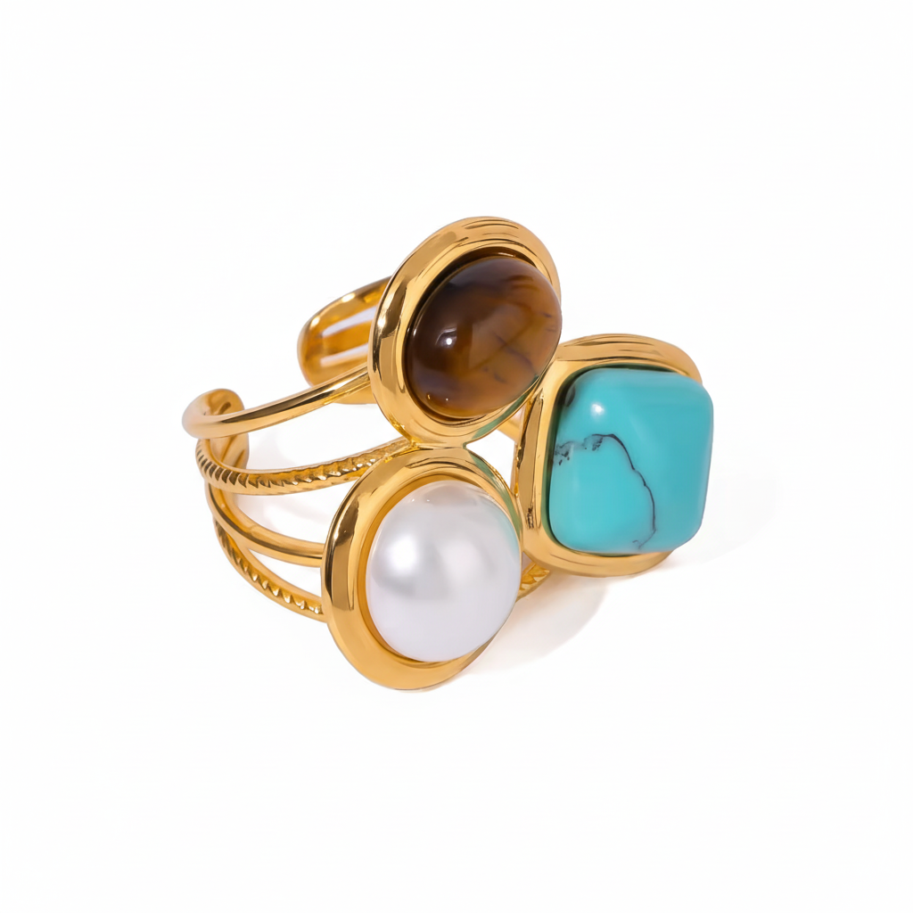 Triple Stone Gold Ring – Tiger Eye, Pearl & Turquoise