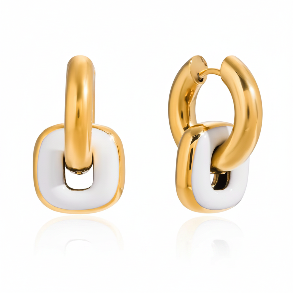White Enamel Gold Chain Link Hoop Earrings